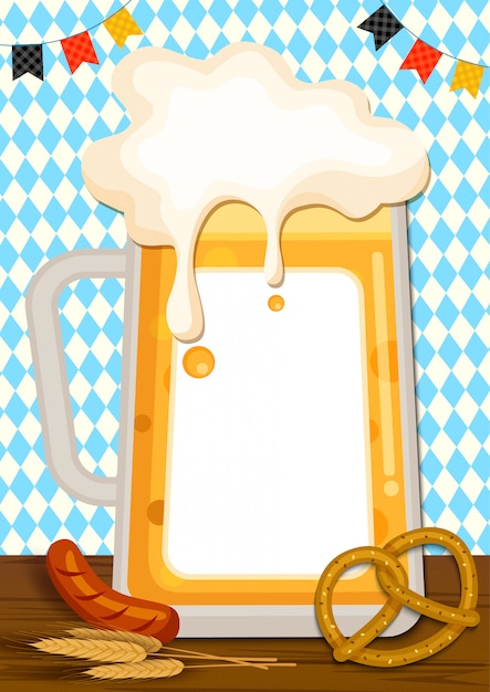 Illustration of glass beer to frame with pretzel and sausage on blue pattern background.