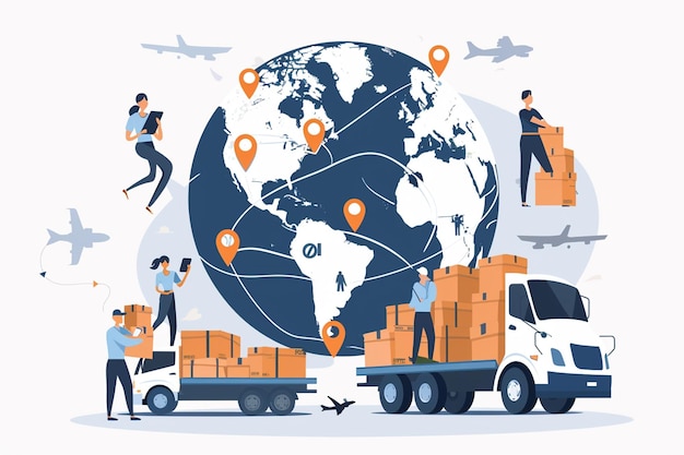 Vector illustration of global logistics with the globe