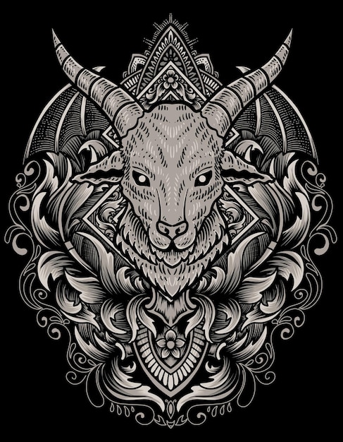 Illustration goat head with engraving ornament