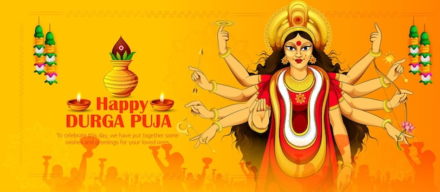 illustration of Goddess Durga for Happy Navratri festival,  Couple Playing Dandiya, Garba Night in N