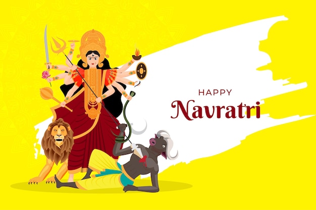 Illustration of Goddess Durga killing mahishasur in Happy Dussehra Navratri background Durga puja