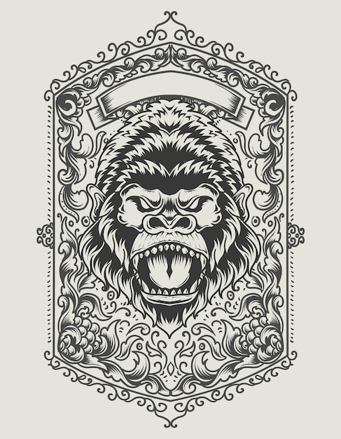 Illustration gorilla head with engraving ornament