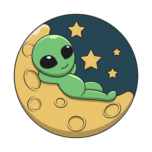 Illustration  graphic of alien cartoon lying on a crescent moon.