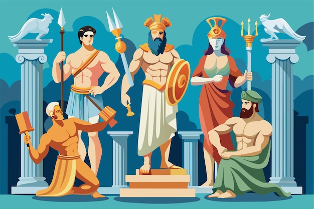 Illustration of Greek Gods on Mount Olympus in Vibrant Colors