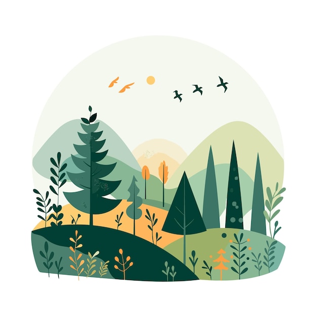 Vector illustration of greem landscape with trees birds and hills