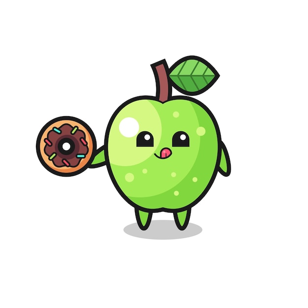 Illustration of an green apple character eating a doughnut