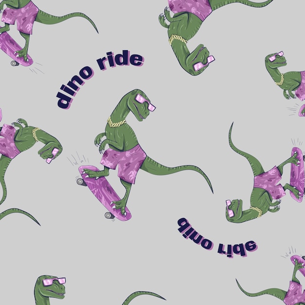 Illustration of green velociraptor dino rides on pink skateboard