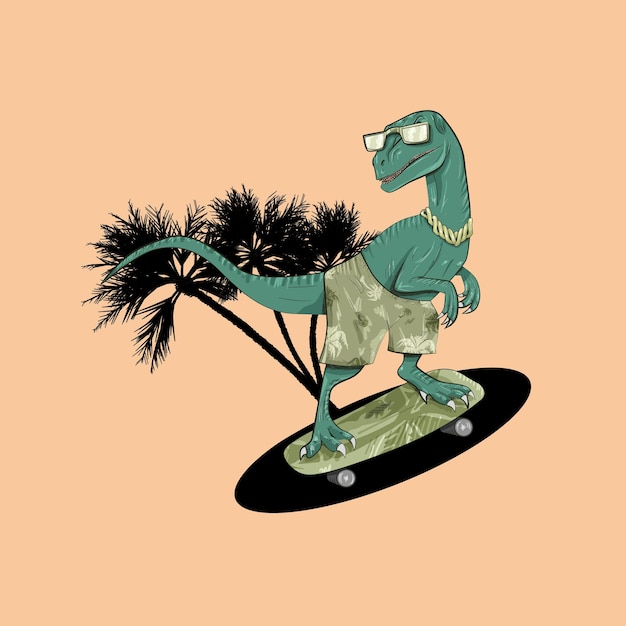 Illustration of green velociraptor dino rides on skateboard with palm trees on background