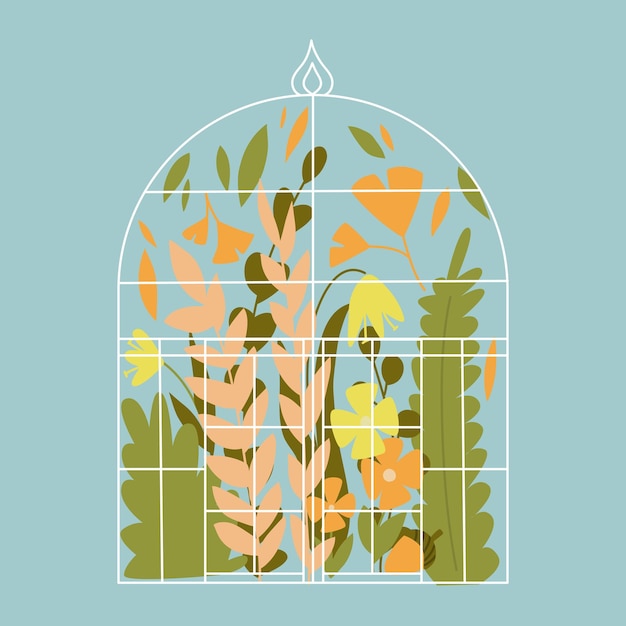 Vector illustration of a greenhouse with flower and leaves concept a backyard and gardening