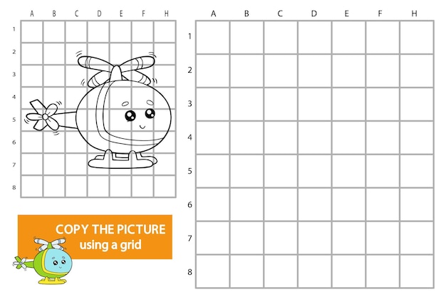 illustration of grid copy picture educational puzzle game with cartoon helicopter