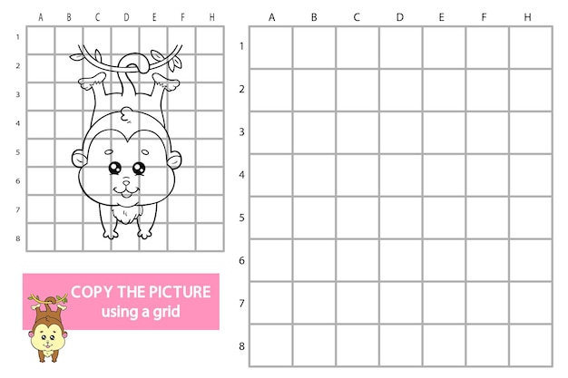 illustration of grid copy picture educational puzzle game with cartoon monkey