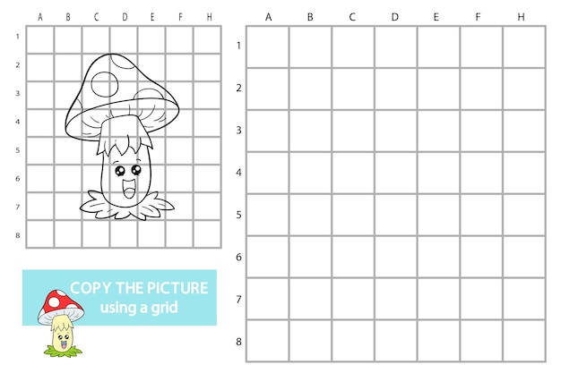 illustration of grid copy picture educational puzzle game with cartoon mushroom