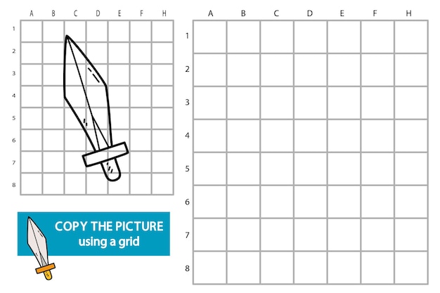 illustration of grid copy picture educational puzzle game with doodle woodland sword