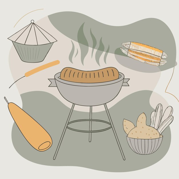 Vector illustration of a grill with a sausage corn and potatoes