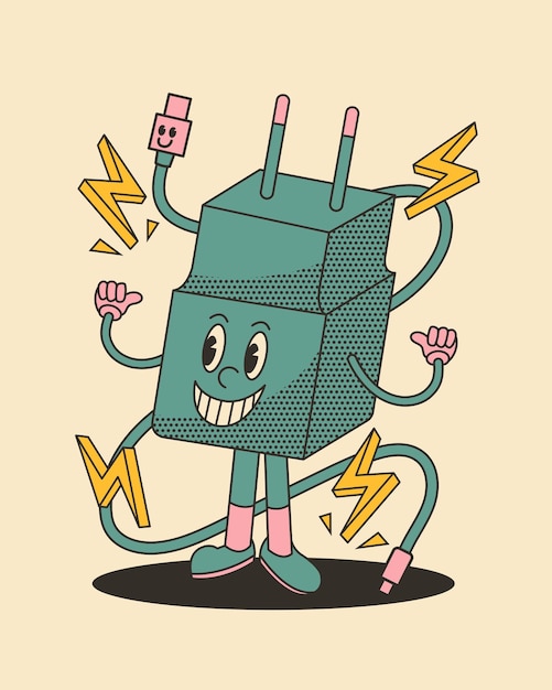 Vector illustration of groovy cartoon character adapter and cellphone charger cable