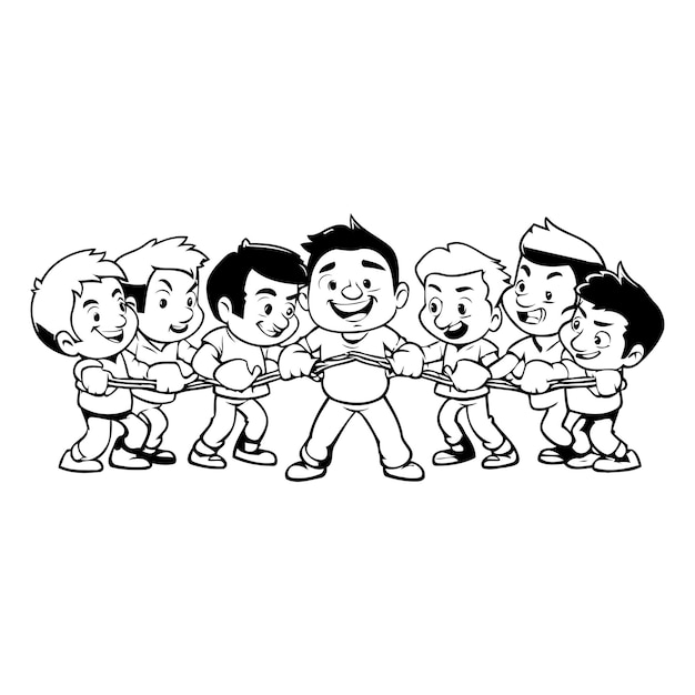 Illustration of a group of kids playing tug of war on white background