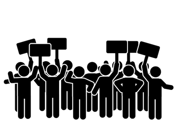 Vector illustration of a group of people demonstrating and protesting demonstration stick figures