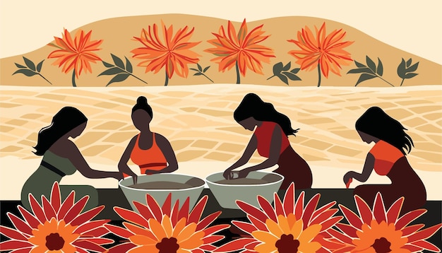 Vector illustration of a group of women drinking water on the beach