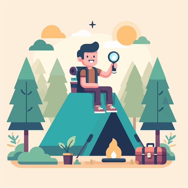 illustration of a guy character camping with a magnifying glass flat and vector design