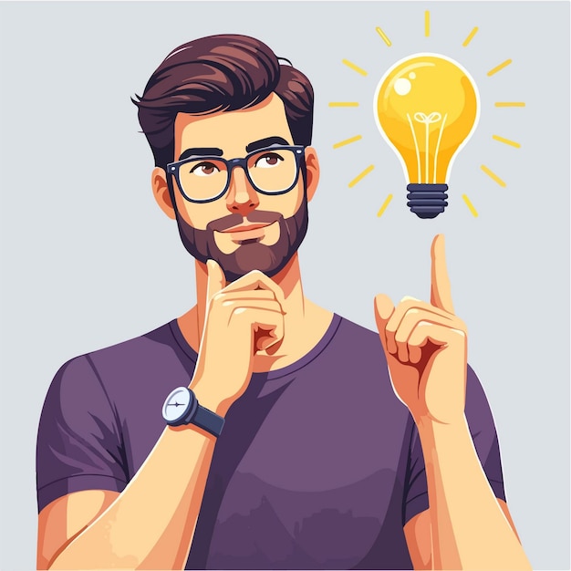 Illustration of a guy looking for new ideas and there is a lamp next to him