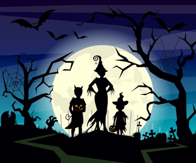  illustration of Halloween background with silhouettes of children trick in Halloween costume on dark blue night sky. Halloween postcard in   .