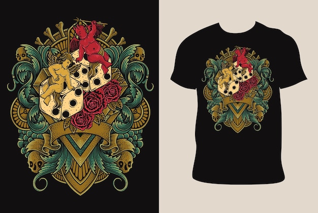 Illustration hand drawn Angel and demon sitting on dice with rose flower on T shirt mockup