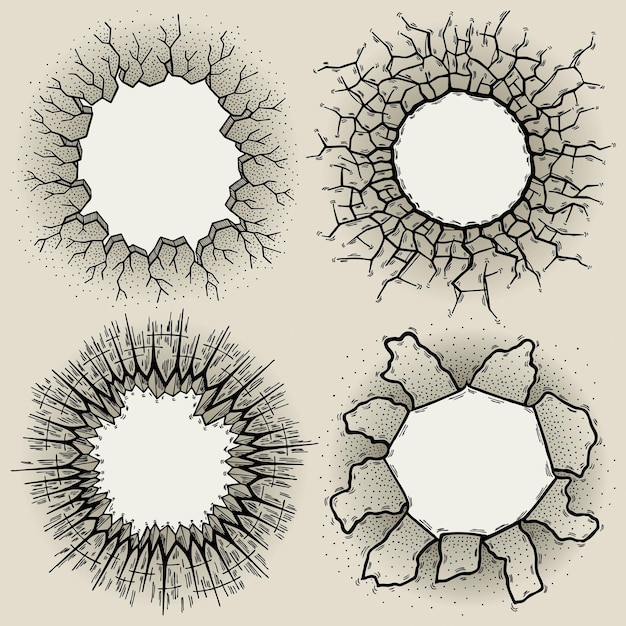 Vector illustration of hand drawn paper and crack holes set earthquake and ground cracks