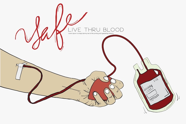 An illustration of a hand holding a bag of blood and a hand with the words live thru blood.