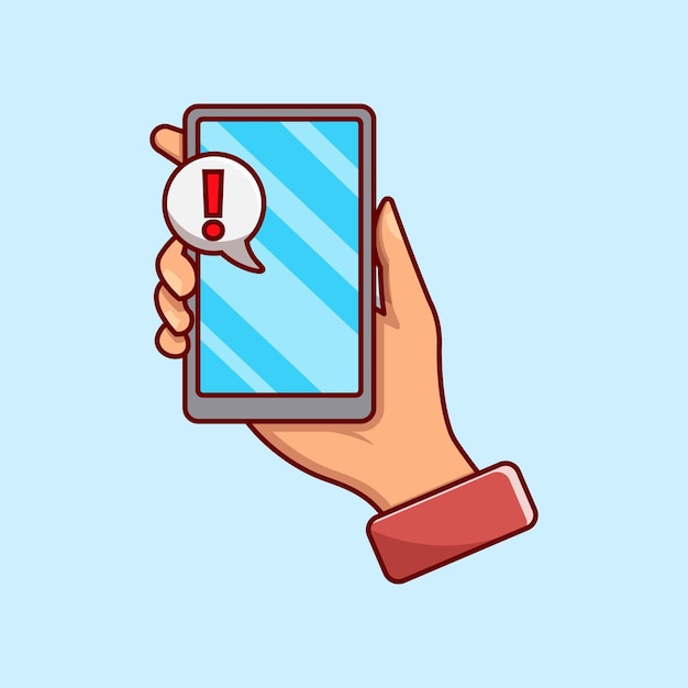 Illustration of hand holding cellphone with exclamation mark symbol