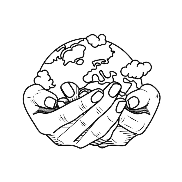 Illustration of a hand holding the earth line art illustration