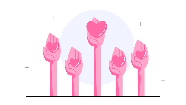   illustration of hand holding a heart raised up. Concept of volunteering, becoming a donor. Group of people holding their hands up ready to help