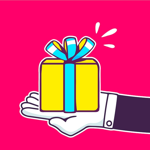  illustration of hand holding yellow gift box with blue ribbon on red background.