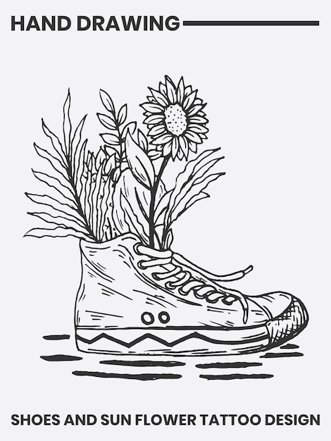 Illustration of handmade shoe tattoo design overgrown with sunflower plants