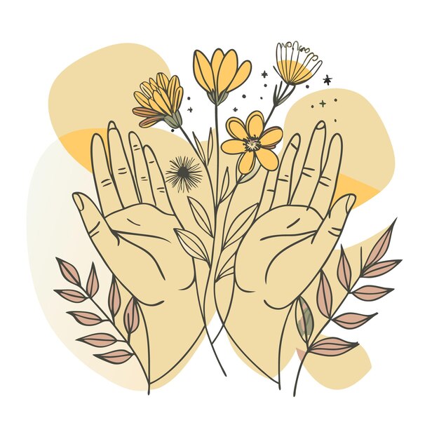 Vector illustration of hands holding flowers symbolizing care and growth