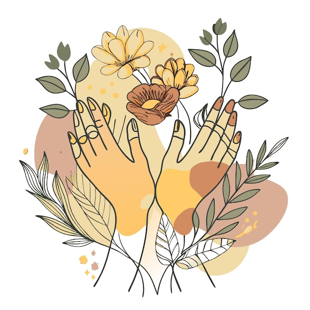 Vector illustration of hands holding flowers with leaves and abstract shapes