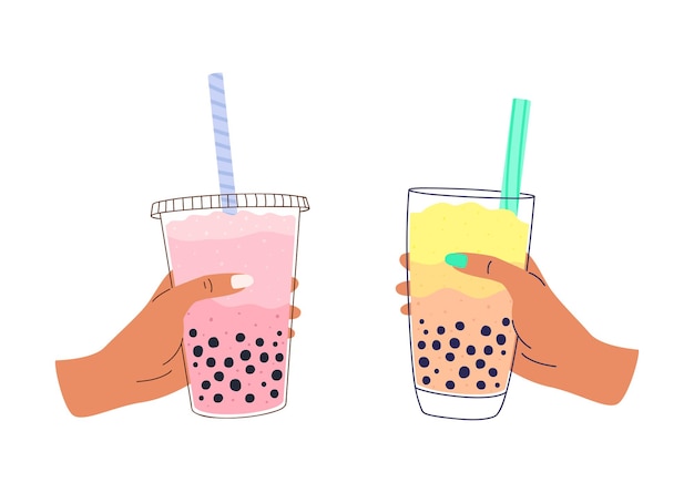 Illustration of hands holding Taiwanese tea with milk and tapioca in a plastic and glass cup.