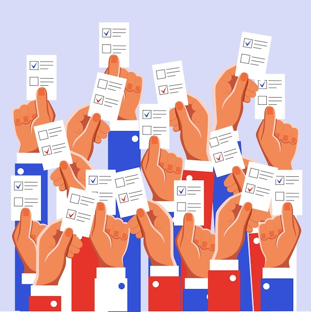 Vector illustration of hands holding voting ballots