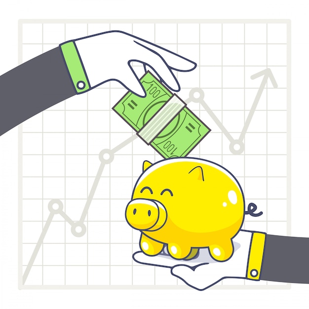  illustration of hands with yellow piggy bank and green money on white background with growth chart.