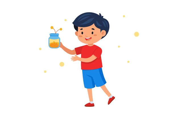 Vector illustration of a happy boy holding a jar with fireflies in a playful atmosphere