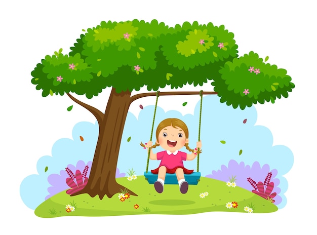 Vector illustration of happy child girl laughing and swinging on a swing under the tree