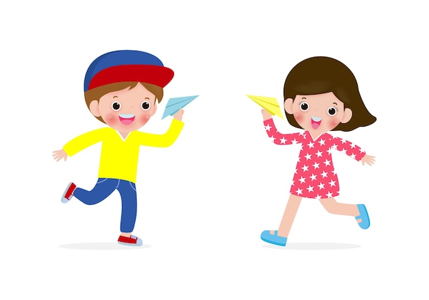 illustration of Happy Children boy and girl playing with paper airplane