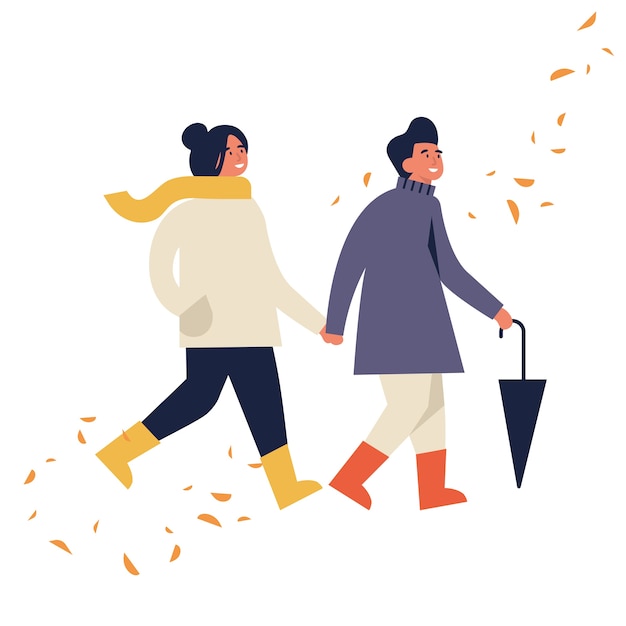  illustration of happy couple in autumn season clothes. Young couple walking and holding each other surrounded by falling leaves.