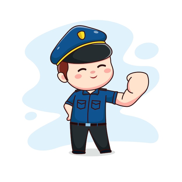 illustration of happy cute policeman with clenched fist kawaii chibi cartoon character design