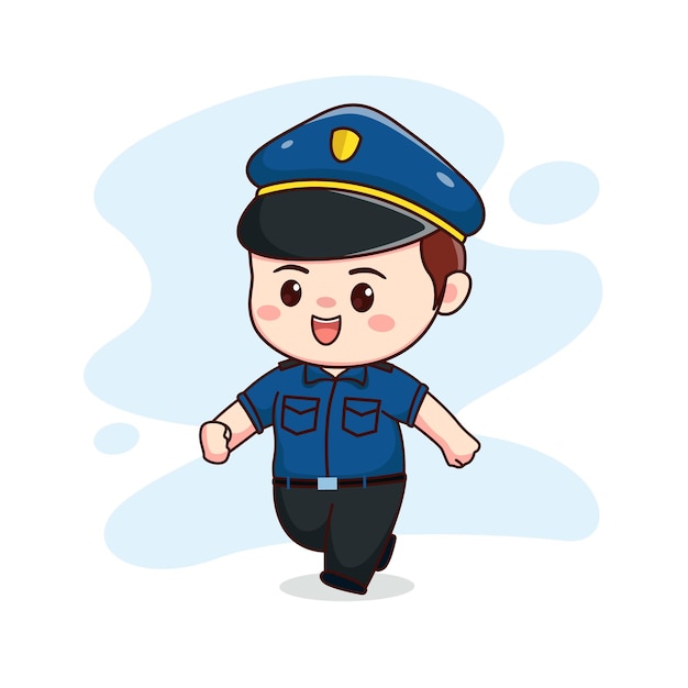 illustration of happy cute running policeman kawaii chibi cartoon character design