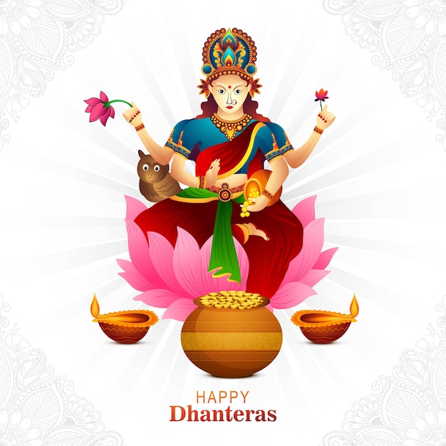 Illustration of happy dhanteras gold coin in pot with maa lakshmi celebration background