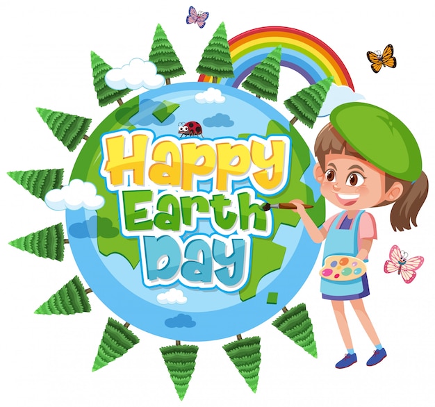 Illustration for happy earth day with happy girl painting