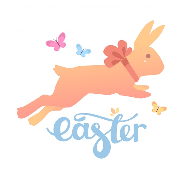  illustration of Happy Easter greetings with yellow bunny with blue text on white background.