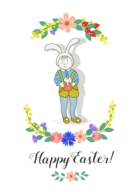 Illustration of happy Easter.A kid in a rabbit costume with a cake