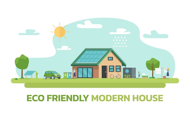 Vector illustration of happy family and eco friendly sustainable modern house