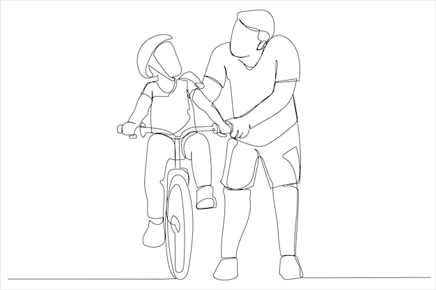 Illustration of happy family father teaches child daughter to ride a bike in the park One line art style